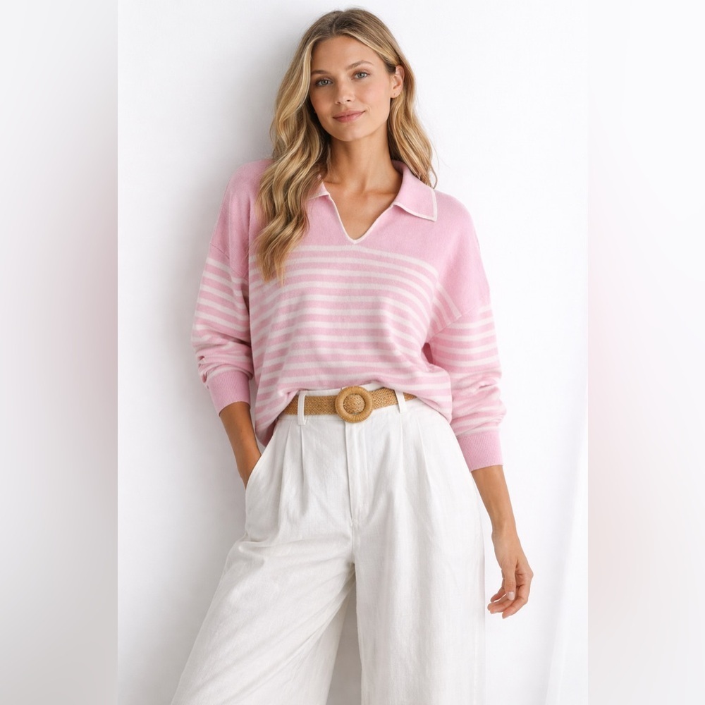 Kier + J 100% Cashmere Sweater pastel Pink Striped Collared Soft Luxury